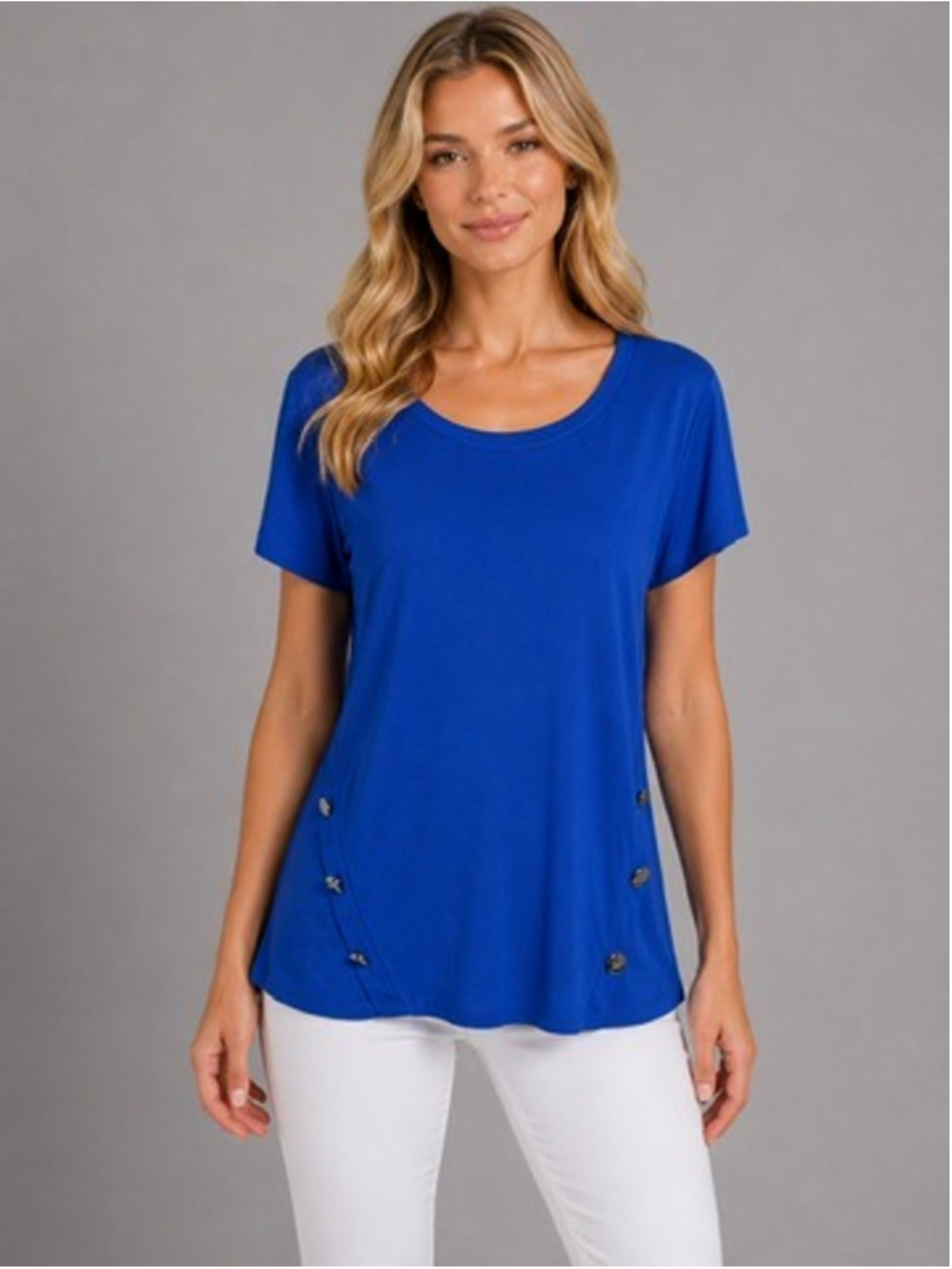 Atelier 39 Blue Scoop Neck Top Short Sleeve Asymmetrical Side Button Chic Size L